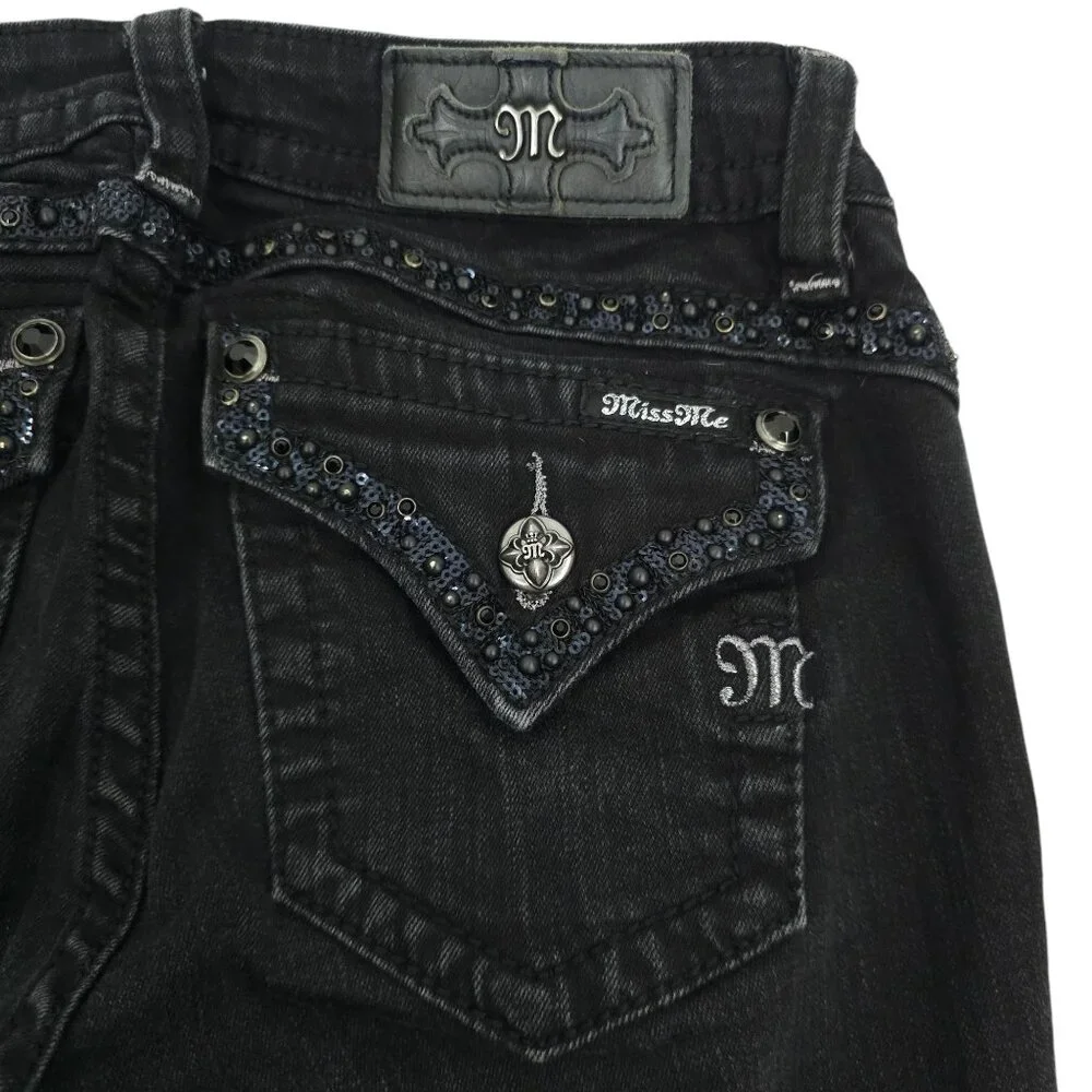 Miss Me Jeans Mid Rise Skinny Black Size 27 Stretch Studs Rhinestones Sequins - Picture 12 of 16